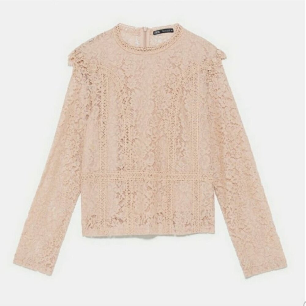 Zara long sleeve nude floral lace cropped top with zippered closure | worn once